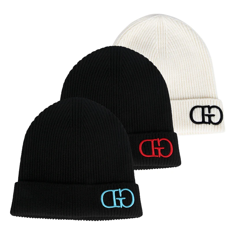 Custom 3D Embroidery Logo Merino Wool Knit Beanie Hat Autumn Winter Style With Character Pattern and Plaid Design for Business