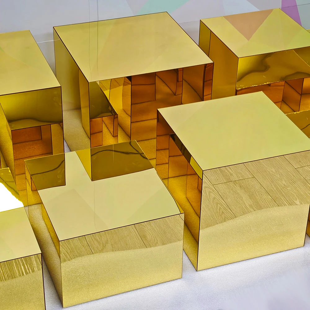 9pcs Set Gold Color Acrylic Risers for Food Display 9pcs Mirror Gold Acrylic Buffet Risers Set