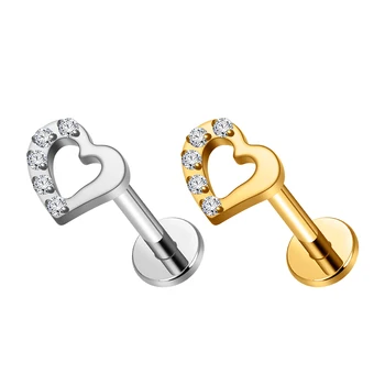 ASTM F136 Titanium Heart Shape Push in Nose Stud Clear CZ Labret Tragus Cartilage Helix Conch Flat Back Earring Piercing Jewelry