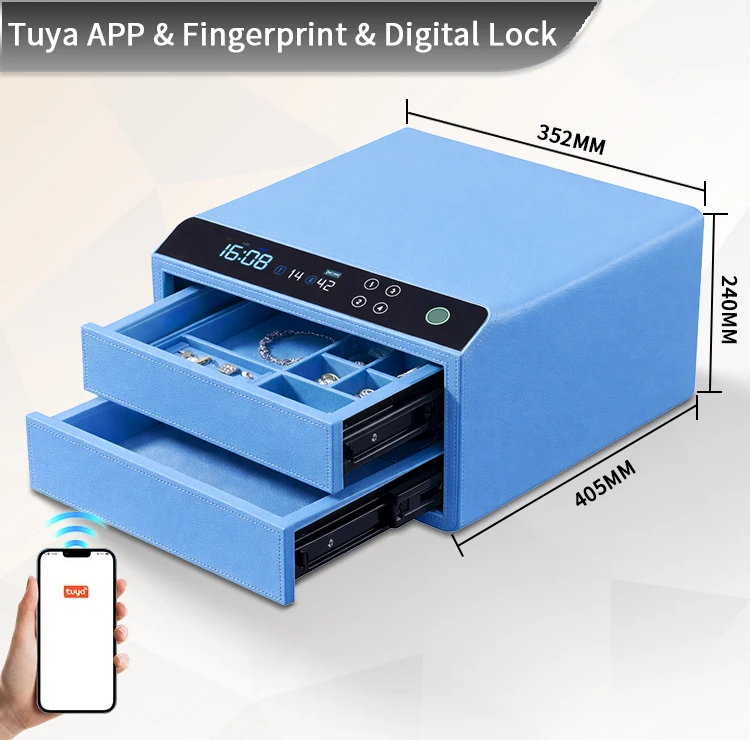 DR-1272-FT CEQSAFE Smart  Electronic Deposit Leather Biometric Cash 2 Drawers Safe Fingerprint Jewelry Box With WIFI