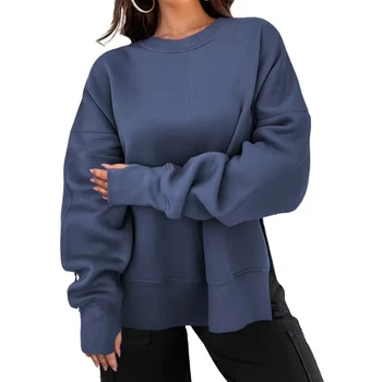 New set of long sleeved top for high-end women's solid color split round neck hoodie