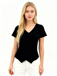 Popular Knitted Soft Stretch High Quality Big Cross V-Neck Elegant Cropped Shirts Slim Fit Ruched Ribbed Women's Hoodies