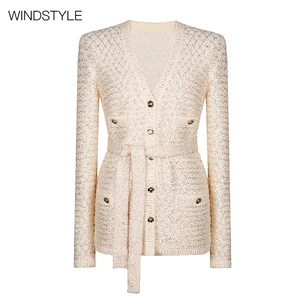 High Quality Women's V-Neck Cardigan Top Jacket Sequin Knit Long Sleeve for Autumn Casual Solid Pattern