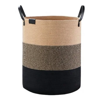 Tall Collapsible Laundry Basket Blankets Toy Cotton Woven Rope Basket Clothes Storage Laundry Hamper With Leather Handles