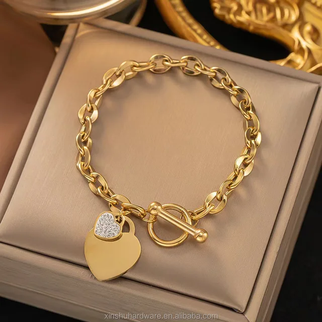 Personalized stone jewelry stainless steel chain Bangles Dazzling Diamond Peach Heart Bracelet perfect for women girls