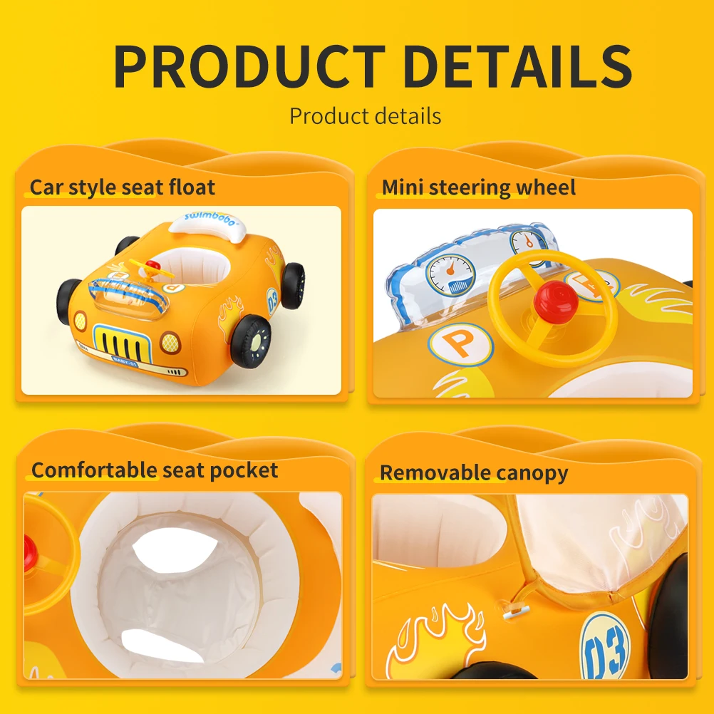 Swimbobo Inflatable Car Swimming Seat Boat Floating Ring Children Water Toy Steering Baby Swim Pool Float Ring With Canopy