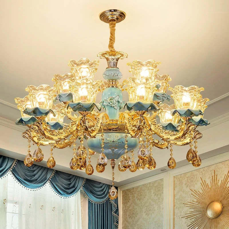 Candelabro de estilo europeu de espectro completo, em cerâmica azul-francesa com cristais e iluminação LED para sala de estar, sala de jantar e quarto – Tmall Elf