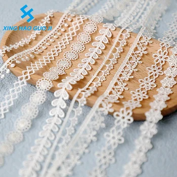 Wholesale discount 1CM narrow side polyester embroidered lace trim bridal dress