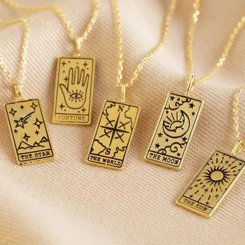 New Stainless Steel Tarot Card Gold Square Pendant Necklace Women Star World Sun Moon Wisdom Symbolic Friendship Necklaces