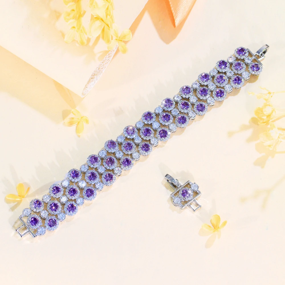 Fashion Jewelry Silver Plated Cubic Zirconia Lucky Red Pink Purple Chunky  Big Chain Bracelet Women for Women Dress Accessories