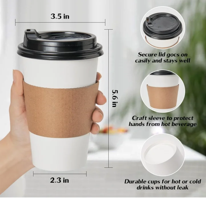 8oz 12 oz 16 oz Hot White Paper Coffee Cup with Black Dome Lid and Kraft  Sleeves Paper Cup