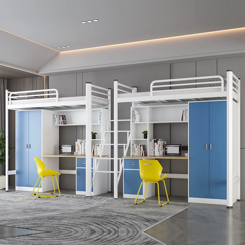 Traditional Iron Double Layer Bunk Bed Lower Cabinet Desk Durable College Dormitory Apartment School Living Room Hotel Metal Bed