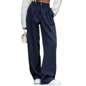 Navy Blue Striped Casual Breathable Straight Zipper Fly High Loose Trousers Autumn Fashion Versatile Commuting Women Full Length
