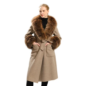 Winter New Natural Fur Fashion Trend Female Clothes Real Fox Fur Collar Warm Wool Handmade Cashmere Women's Woven Coats
