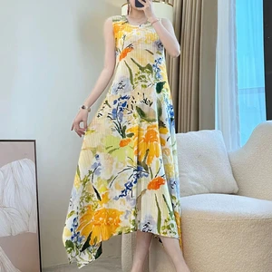 Miyake Women's Elegant Casual Sleeveless Pleated Dress New Printed Evening Styles Factory Wholesale Clothing