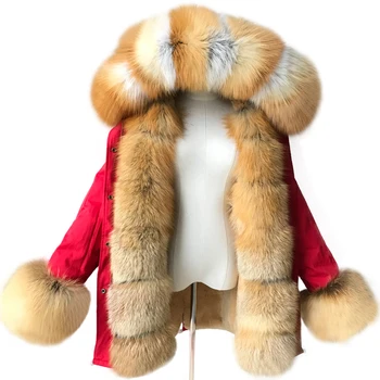 Hot Sale Fashion Parka with Fox Fur Hood Fluffy Red Fox Fur Collar Real Fur Parka Woman