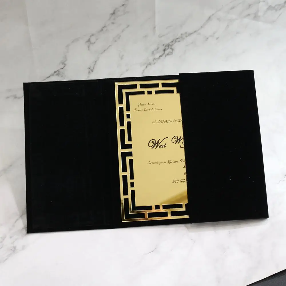 Black Velvet Hardcover Invitations Gold Acrylic Wedding Invitation Cards Custom Birthday Invitations Suede Menu Cards