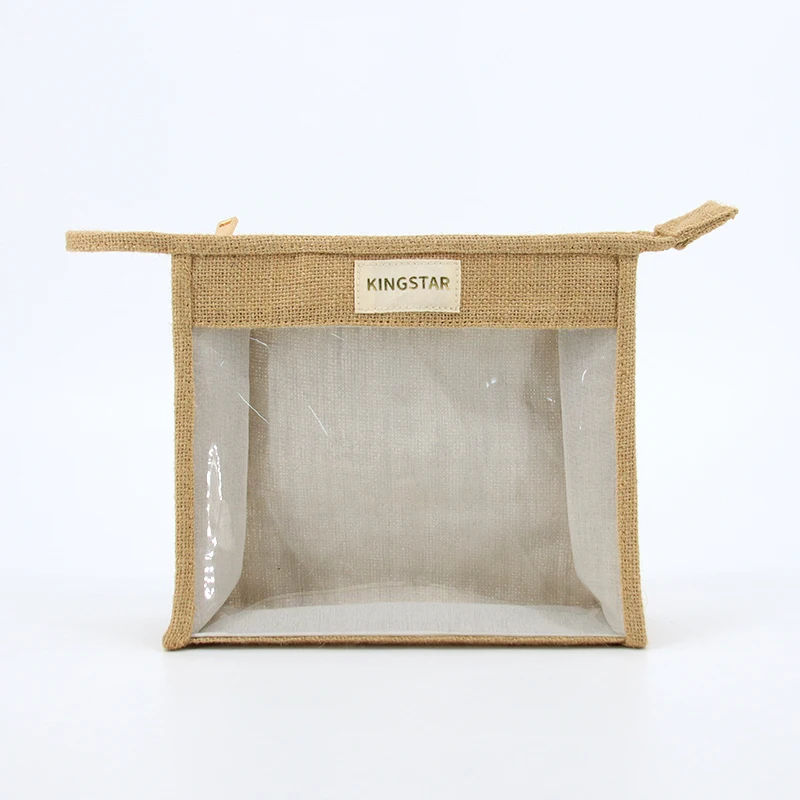 OEM Logo Custom Jute Makeup Cosmetic Zipper Bag Natural Hemp Transparent PVC Travel Portable Makeup Pouch