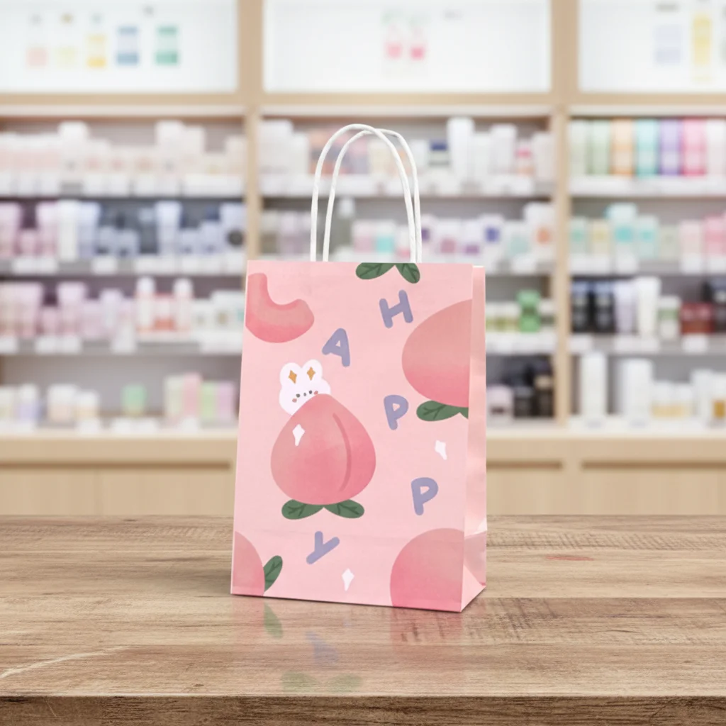 Custom Biodegradable Recyclable Kraft Paper Gift Bags with Handles for Coffee Shops Bakeries Supermarkets