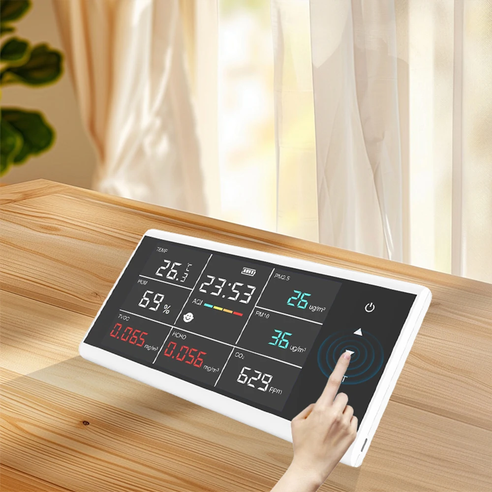 Détecteur Qualité Air Multifonction - CO2, TVOC, HCHO, PM2.5, PM10 - Écran LCD Rétroéclairé - Alimentation USB - Pour Bureau Maison