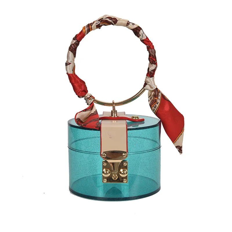 Wholesale Ladies Designer fashion handbag acrylic Barrel shaped hand bag  women clear clutch purse with Bow ribbon metal ring handle From  m.