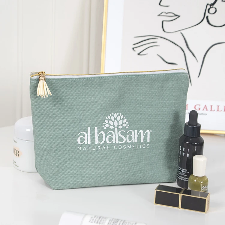 Beauty Cotton Make Up Travel Bag Wholesale Gold Zipper Canvas Cosmetic Bag With Tassel Custom