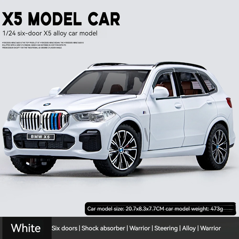 Diecast Model Cars 1:24 BWM X5 with Sound and Light Pullback Doors Open Decorate Ornament Metal Model Car Toys