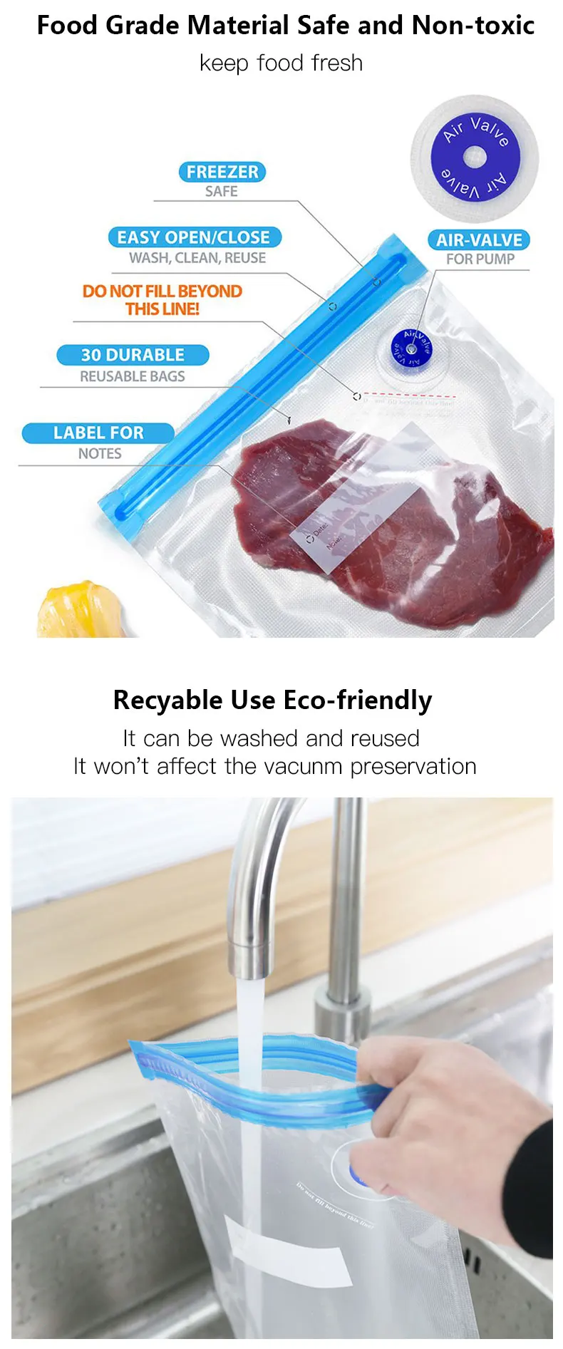 Food Grade Reusable Vacuum Sealer Bags Hand Pump Sous Vide Vacuum Bags Gravure Printing Accept