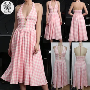 Wholesale Clothing Manufacturers Custom Pink Plaid Summer Halter Casual Clothes Women Sexy Midi Dresses
