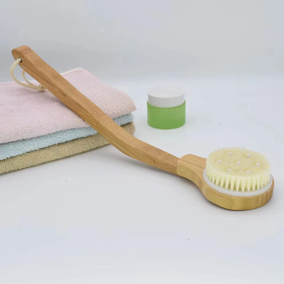 Индивидуальная изогнутая щетка для сухой ванны с бамбуковой деревянной съемной длинной ручкой, щетина из сизаля кабана для мокрой чистки тела