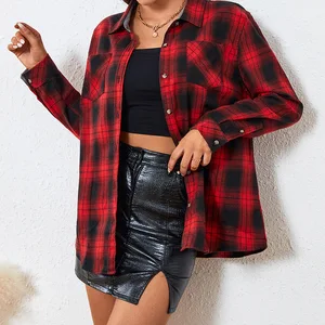 Women's Casual Long Sleeve Flannel Top with Front Logo Large Plaid Shirt Design for Spring Autumn Office Occasions Formal Style