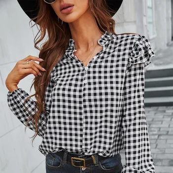 Fashion design black and white squares frilled v neck regular long sleeve slim women blouse tops for autumn