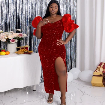 Off Shoulder Puffy Red Sequin Maxi Woman Evening Party Dress Bodycon