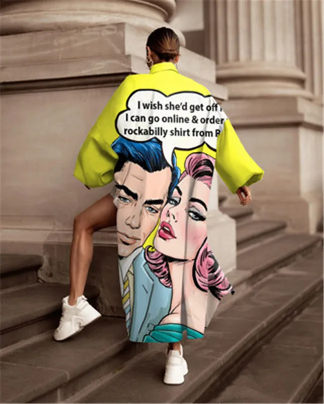 Women's spring new digital printing long shirt shorts two piece pants set street hipster suit