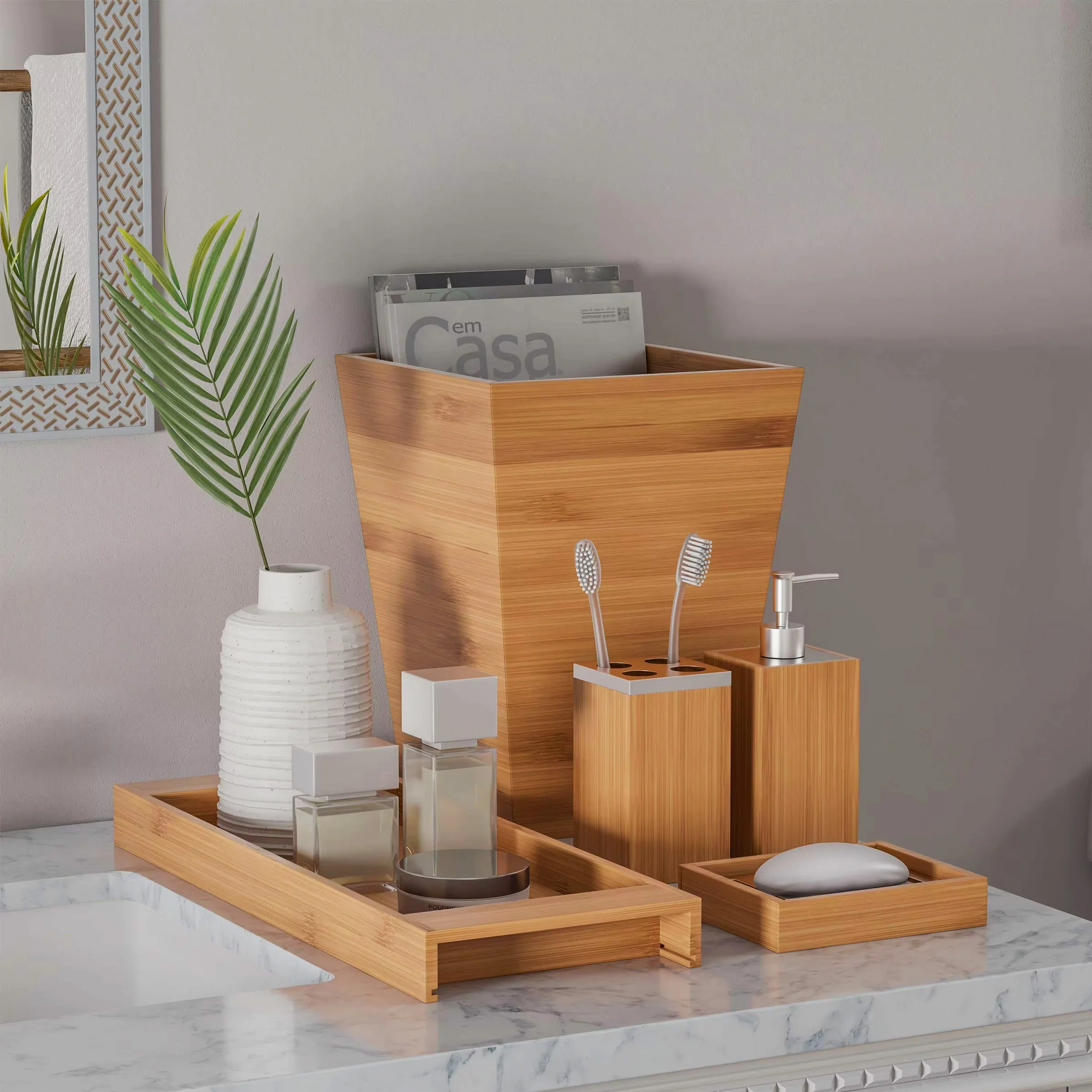 ZC Custom 5-Piece Bathroom Decoration Set Bamboo Vanity Accessories Soap Dish Soap Dispenser Toothbrush Holder