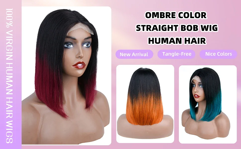Orange Omber Rak Bob Peruk Äkta Hår med Spetsstängning för Kvinnor_voghion.com