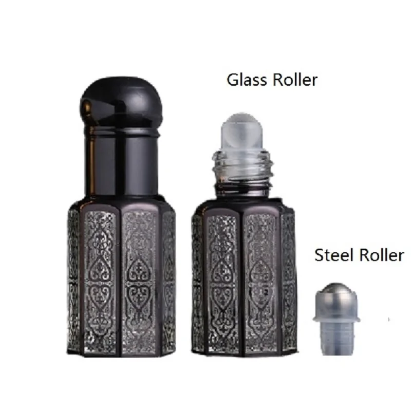 3ml 6ml 12ml Luxury Empty Glass Essential Oil Roll on Bottle Round Silver Gold Black Lid Glass Steel Bead Roller Perfume Vials