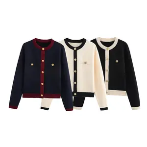 New Women's Color-Block Gold Button Knitted Cardigan Sweater Women Products Trending