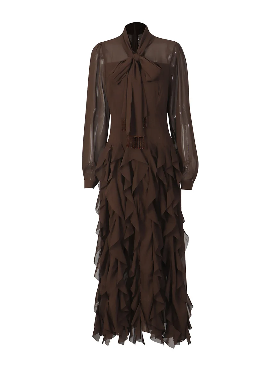 Womens Elegant Brown Chiffon Ruffle Maxi Dress Long Sleeve Pussy Bow Tie Neck Tiered Formal Cocktail Party Gown| Alibaba.com Womens Elegant Brown Chiffon Ruffle Maxi Dress Long Sleeve Pussy Bow Tie Neck Tiered Formal Cocktail Party Gown| Alibaba.com