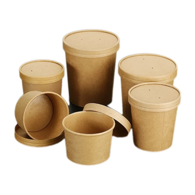 Cheap Disposable Container Eco Friendly Bucket Take Out Kraft Paper Soup Bowl with Lid
