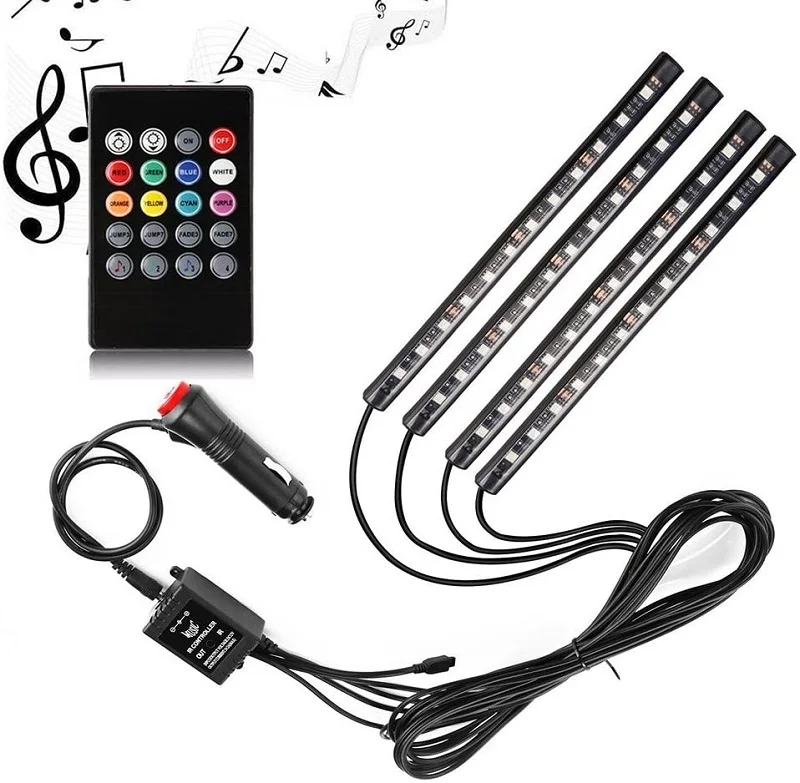 Included Car Charger Car LED Strip Light 4pcs 48 LEDs DC 12V Multi-color Music Car Interior Music Light LED Underdash Lighting Kit with Sound Active Function and Wireless Remote Control 