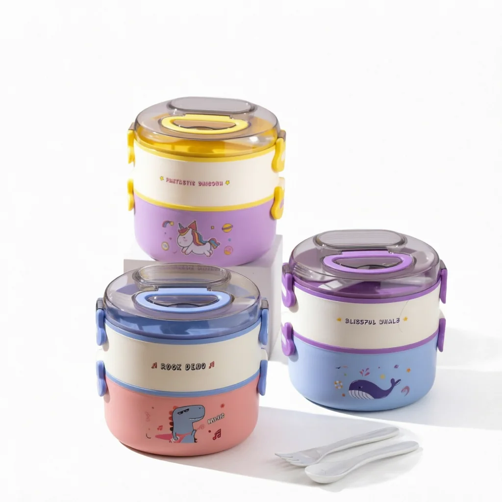 Round Ringo Lunch Box Cartoon Round 2 Tier Lunch Box Plastic Food Container Leak Proof ...