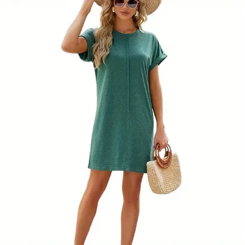 Hot Selling Solid Short Sleeve Casual Summer Fashion Dresses Round Neck Loose Waist Short Dress For Women