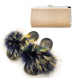summer Sandals Purse Handbags Set Jelly Purses Matching Color Luxury Fur Slippers Set Women Real Fox Fur Slides and Bag