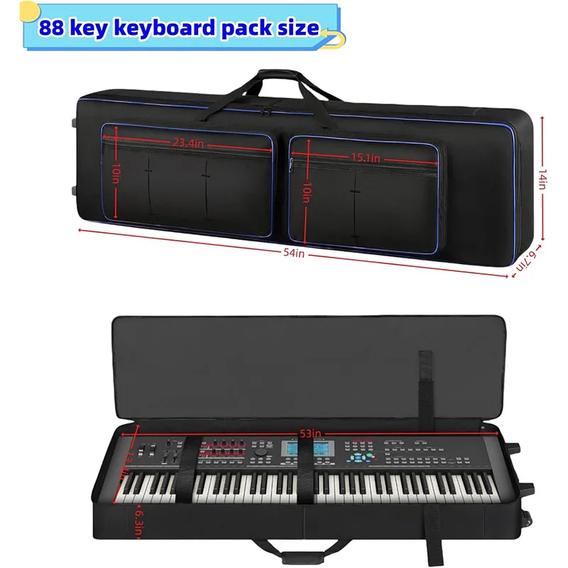 Rolling 88 Key Keyboard Case with Wheels Piano Bag with Handles & Shoulder Straps