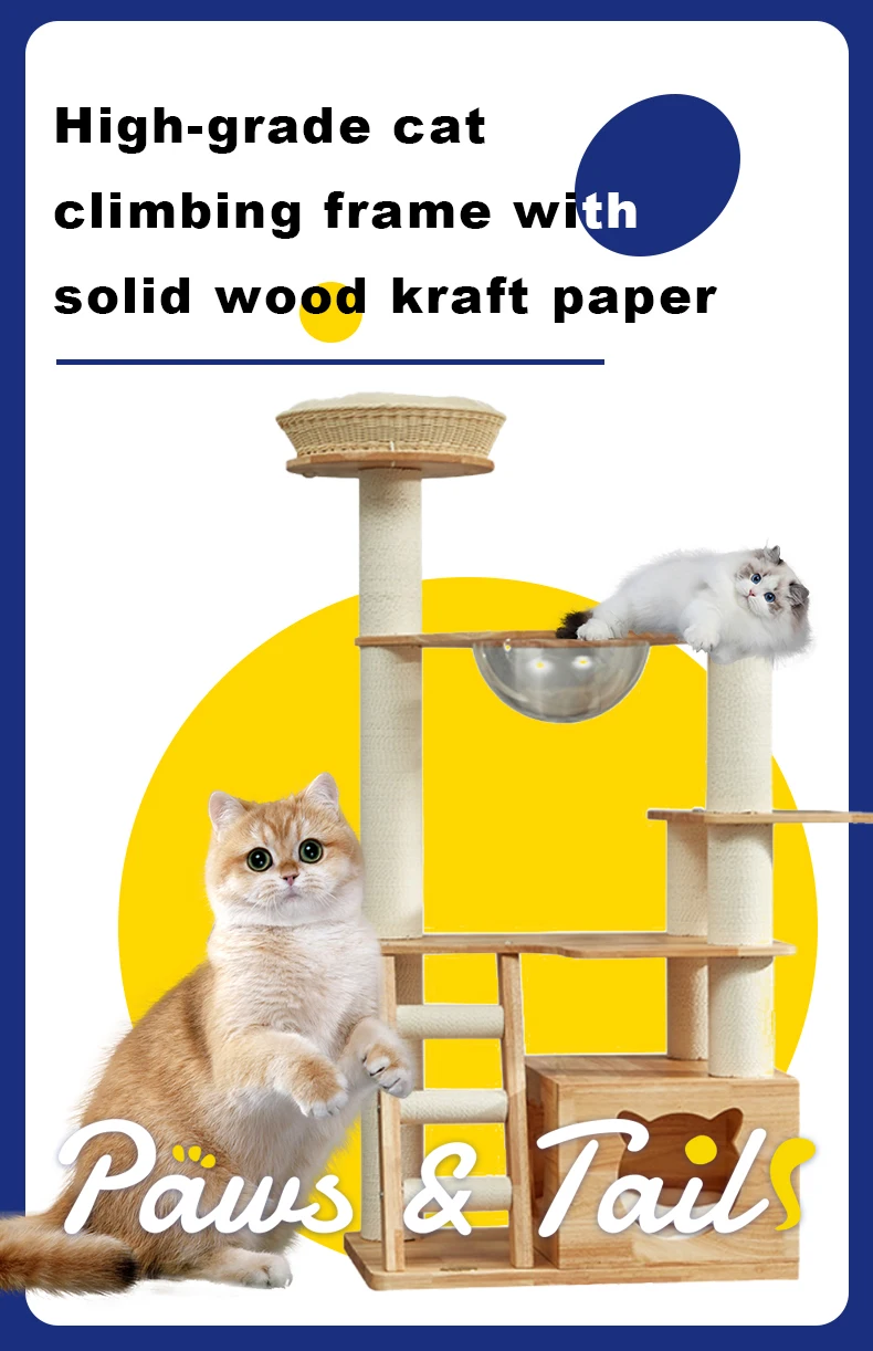 Large Wooden Cat Tree & Scratcher Tower Cat Climbing Frame for Playing ...