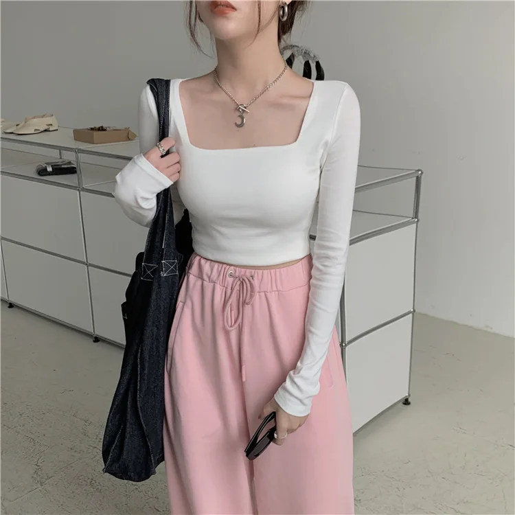 Long-sleeved T-shirt Women's Autumn New Tight-fitting Inner Bottoming Shirt  Square Collar Fake Two-piece Babes T-shirt - AliExpress