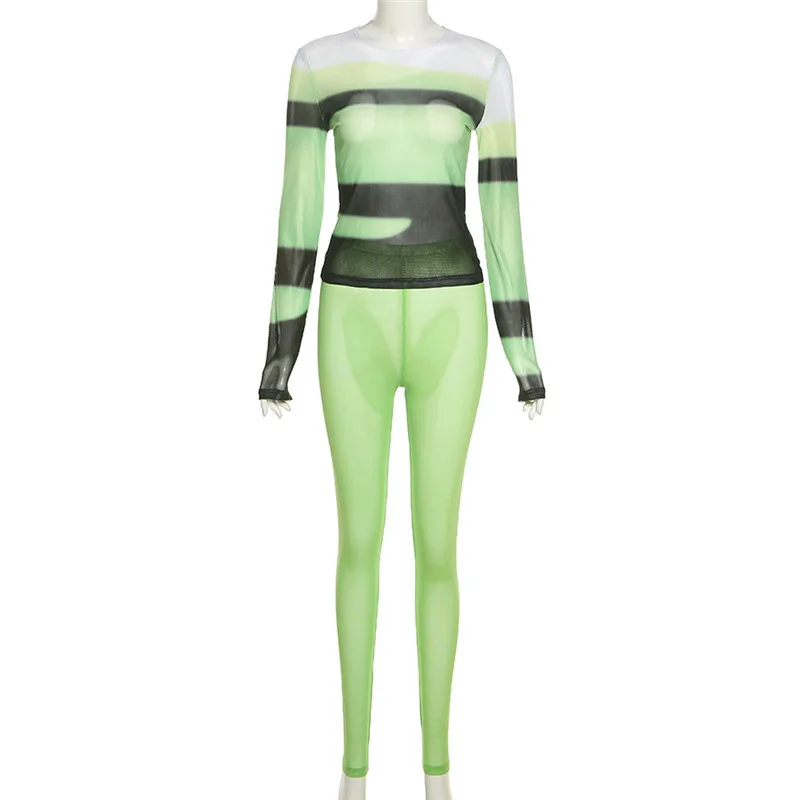 Новинка Осень 2021, женский сексуальный прозрачный костюм из двух предметов с принтом контрастных цветов для отдыха