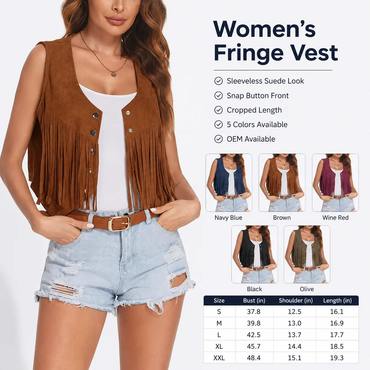 2024 Custom Women's Suede Fringe Trim Sleeveless Short Tank Top Casual Stand Collar Quick Dry Eco-Friendly Sports Vest