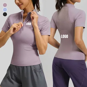 Wholesale Women's Quick Drying Yoga T-Shirts Short Sleeve High Elastic Slim-Fit Outdoor Running Half Zip Sports Fitness Top